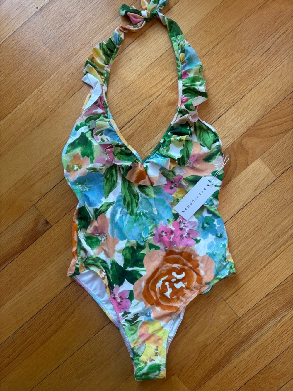 Baltic Born Floral Ruffle One-Piece Swimsuit - Green, Orange, Pink - Picture 4 of 5